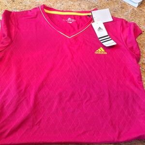 Adidas Bright Pink V-Neck Tee with Yellow Trim